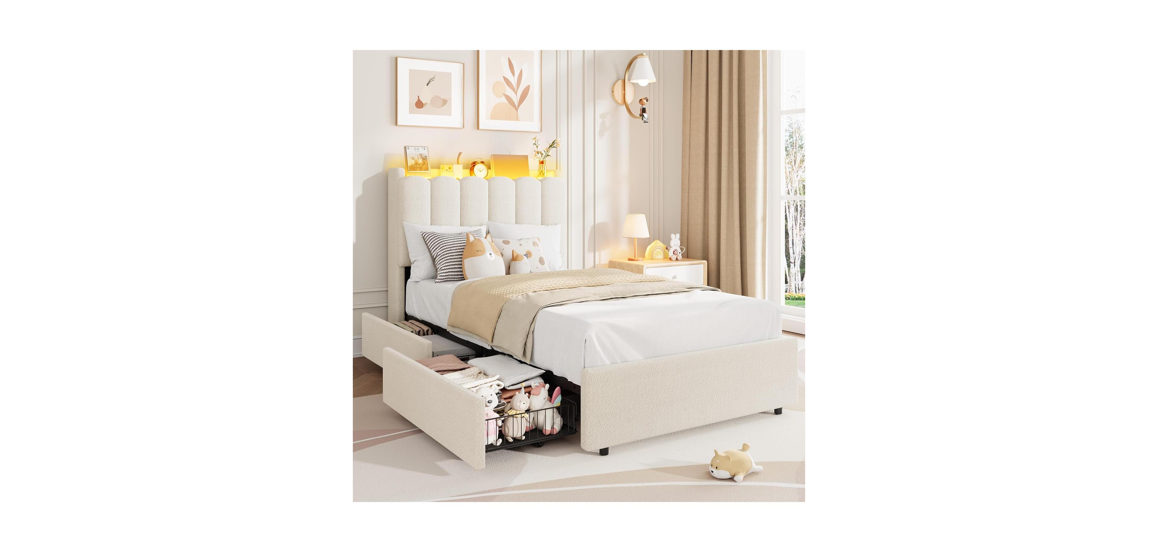 gaomon Boucle Upholstered Platform Bed with Wavy Headboard, Storage Bookcase, 2 Drawers, No Box Spring Needed - Twin Xl