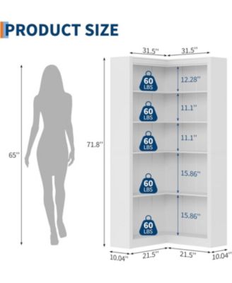Corner Bookshelf, 71.8 in Corner Bookcase, L-Shaped Bookshelf Farmhouse Bookcase, 5 Tier Display Shelf Heavy Duty Bookcases
