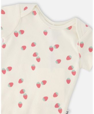 Baby Girls Evolutive Cotton Rib Jersey Onesie White Printed Strawberries