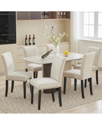Set of 4 Linen Upholstered Parsons Dining Chairs, Nailhead Trim Design Kitchen & Dining Room Seating
