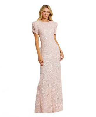 Petite Embellished Mesh High Neck Puff Sleeve Gown
