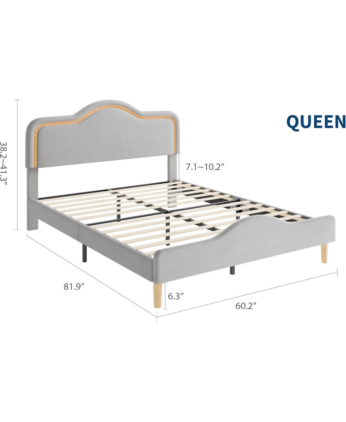 gaomon Queen Velvet Bed Frame with Led Headboard & Footboard, Princess Platform, Slat Support, Gray