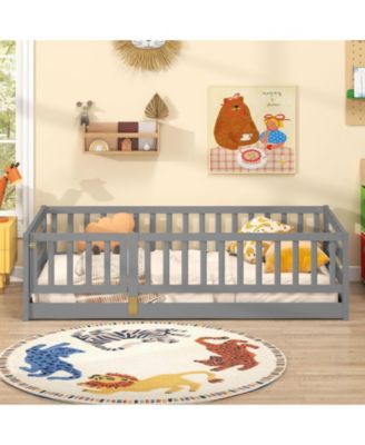 Kids Twin Floor Bed with Safety Fence and Playhouse Door - 41