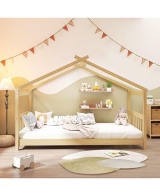 Twin House Bed with Solid Wood Frame and Roof Design - 42