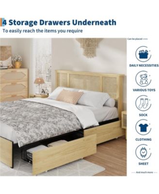 Full Boho Bed with Rattan Headboard, 4 Storage Drawers, Wood Slats, Metal Frame, No Box Spring Needed