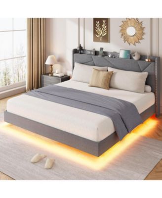 Queen Floating Platform Bed with LED Lights, USB Charging, Upholstered Frame, Folding Shelves, Metal Slats, No Box Spring, Grey