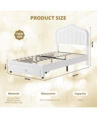 Twin LED Upholstered Bed Frame with Storage Drawer, Velvet Princess Platform for Kids