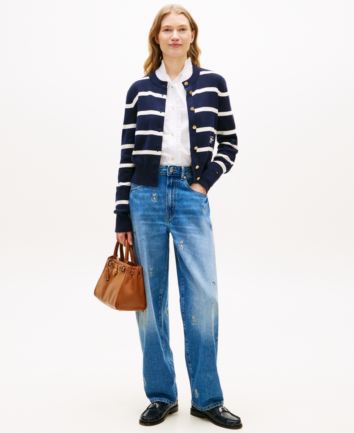 Tommy Hilfiger Women's All-Over Crest Wide Leg Barrel Jeans