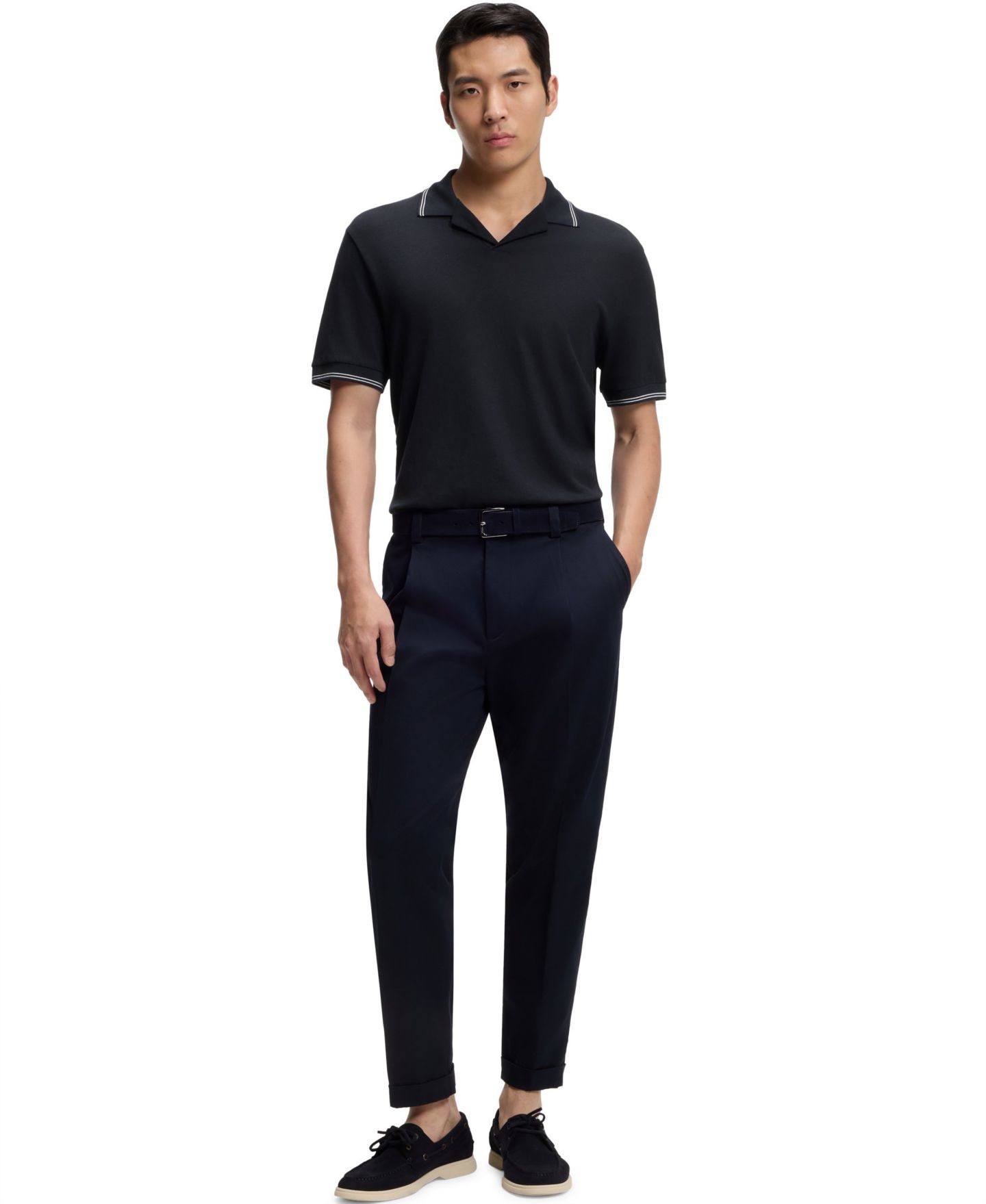 Мужское поло Hugo Boss Cotton-Linen Johnny Collar Polo Shirt, цвет: Тёмный синий — фото 2