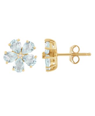 Aquamarine (1-1/3 ct. t.w.) and Diamond Accent Flower Stud Earrings in 14k Yellow Gold