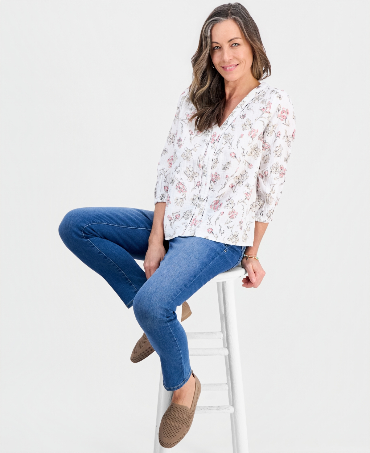 Style & Co Petite Cotton Gauze Printed 3/4-Sleeve Top, Macy's Exclusive