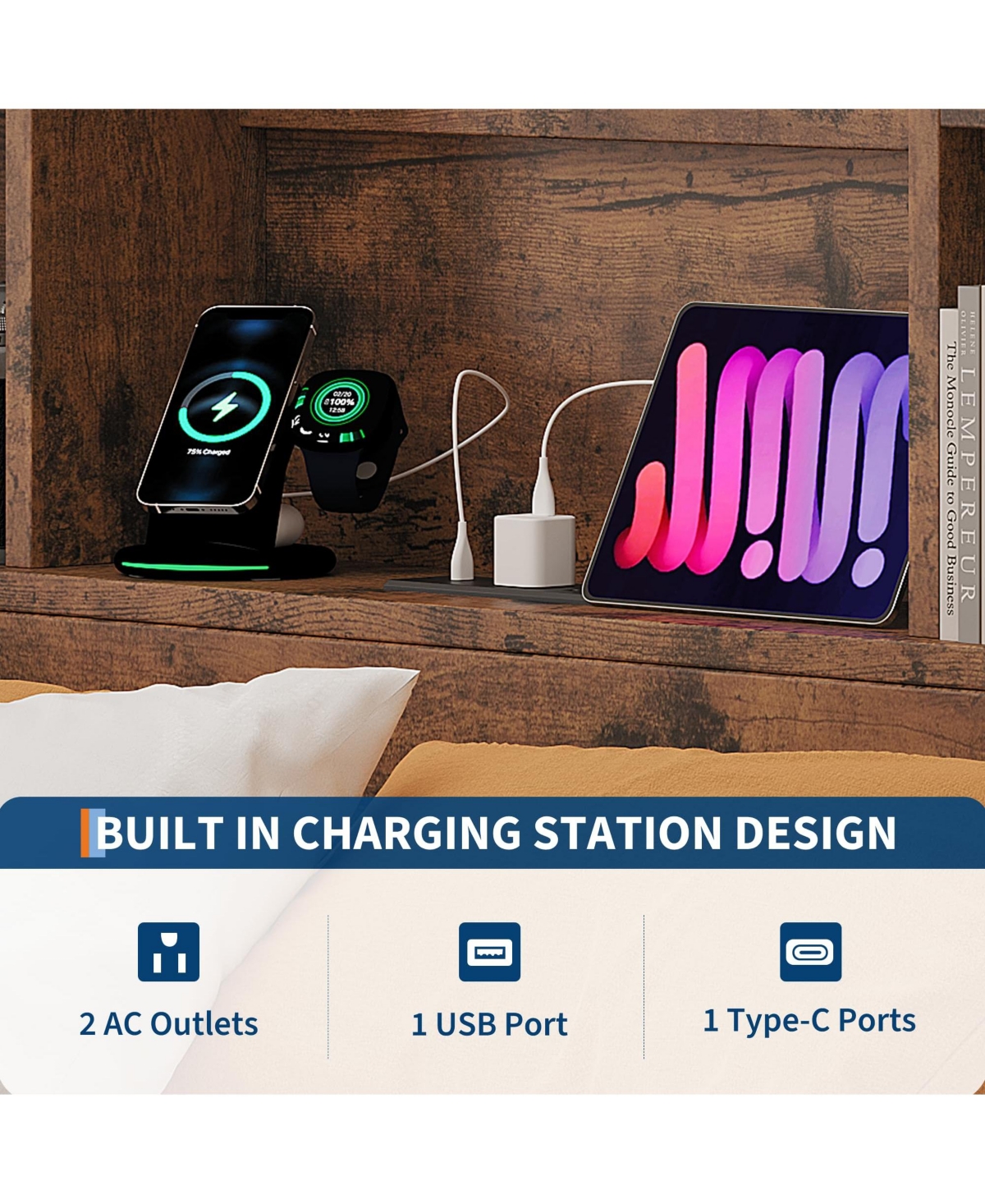 gaomon King Size Bed Frame with High Storage Bookcase Headboard, Wood Bed Frame with 4 Storage Drawers