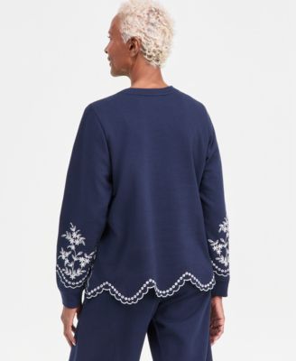 Petite Long-Sleeve Trim Eyelet Knit Crew Neck Top