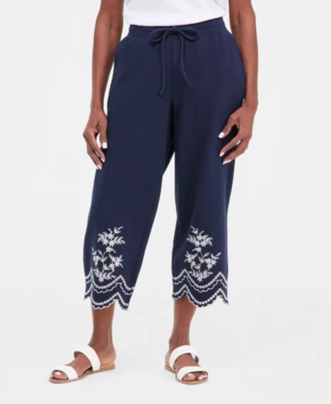 Petite Trim Eyelet Wide-Leg Knit Pants - Industrial Blue