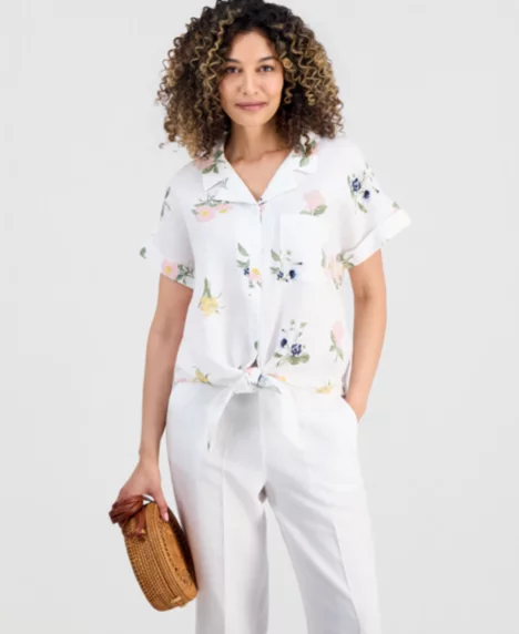 Petite Linen Darling Floral Tie-Hem Camp Shirt - Darling Floral Bright White