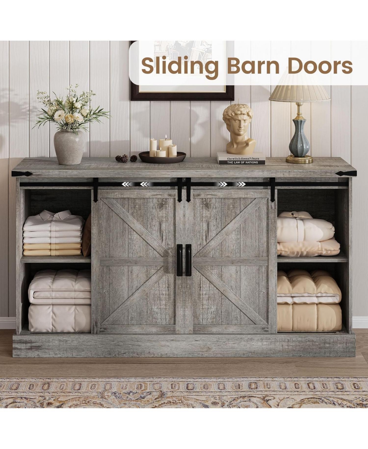 gaomon Farmhouse Tv Stands for 65 Inch Tv, Entertainment Center with Sliding Barn Doors, Television Large 4 Drawers & Bar Handles, Wood