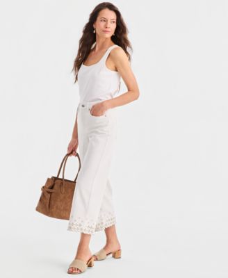 Petite Wide-Leg Embroidered Scallop High-Rise Cropped Jeans