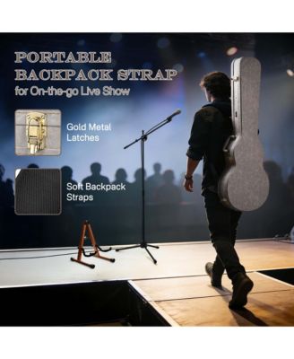 Les Paul Electric Guitar Hard Case with Backpack Strap & Folding Stand Fits for LP Style, Groove Series Sonic Silver