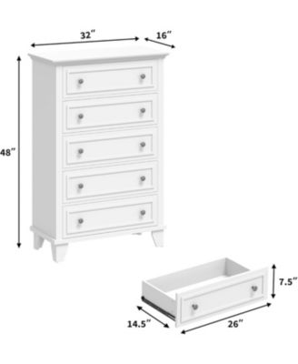 White 5-Drawer Wooden Dresser, Storage Chest with Exquisite Metal Handles