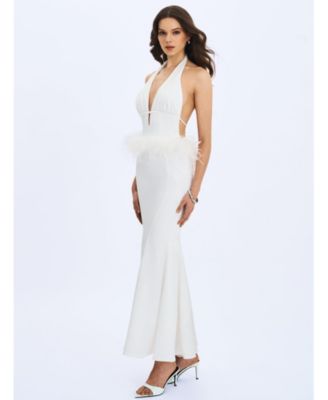 Women Solene Pleated Halter Backless Feather-Trim Maxi Dress