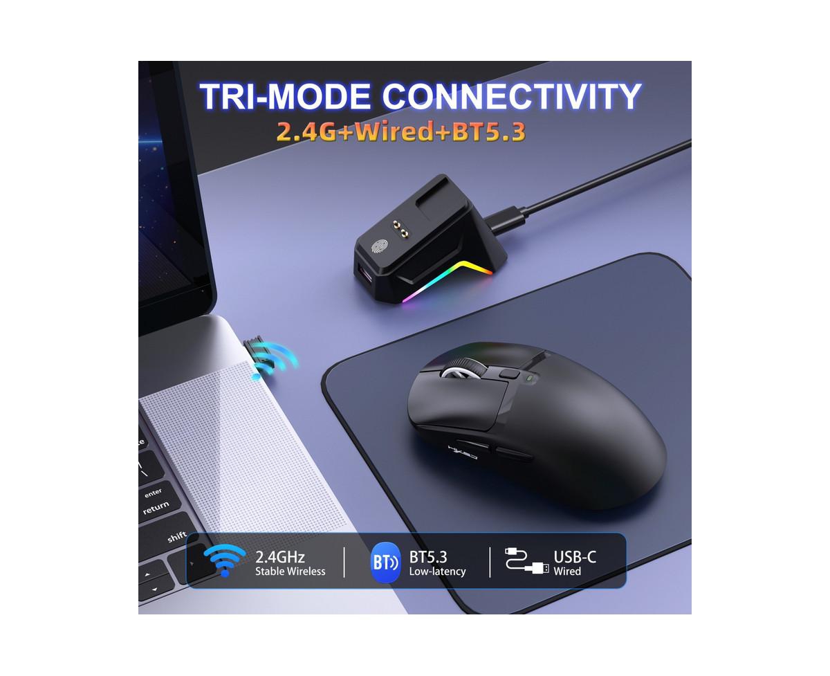 Risokeys Tri-Mode Wireless Gaming Mouse, Lightweight, 12000 Dpi Adjustable, Magnetic Rgb Charging Dock, BT5.3+2.4G+Wired, for Pc, Laptop