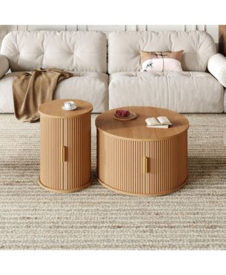 Coffee Table Set with Sliding Tambour Door and Round Fluted End Table for Living Room