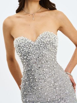 Women's Noelle Silver Sequin Pearl-Embellished Sweetheart Maxi Dress