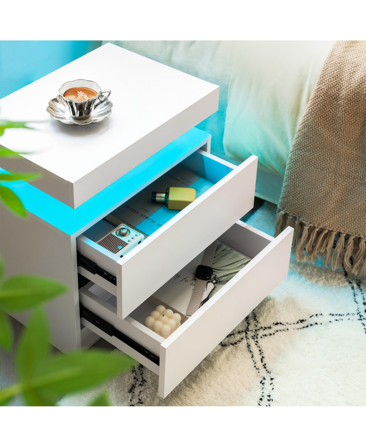 Rainsken Led Nightstand with 2 Drawers, Bedside Table Cabinet with Adjustable Color Lighting, Modern End Side Table for Bedroom, Living Room