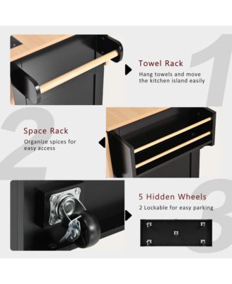 45.4" Farmhouse Black Rolling Kitchen Cart on Wheels with Storage Cabinet