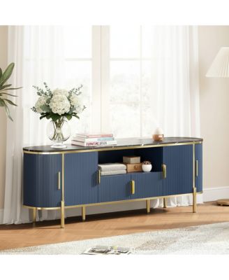 Fluted TV Stand with Faux Marble Top, Elegant Modern Media Console
