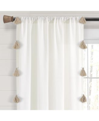 Boho Faux Linen Texture Tassel Window Curtain Panel Single 52"W x 84"L - Curtains For Bedroom - Living Room Curtains