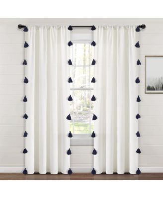 Boho Faux Linen Texture Tassel Window Curtain Panel Single 52"W x 84"L White & Navy - White Curtains For Bedroom - Living Room Curtains