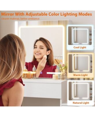 Vanity Desk with Sliding Lighted Mirror, 4 Drawers, Stool & 3 Light Modes