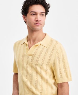 Men's Mixed-Stitch Johnny Collar Short-Sleeve Sweater