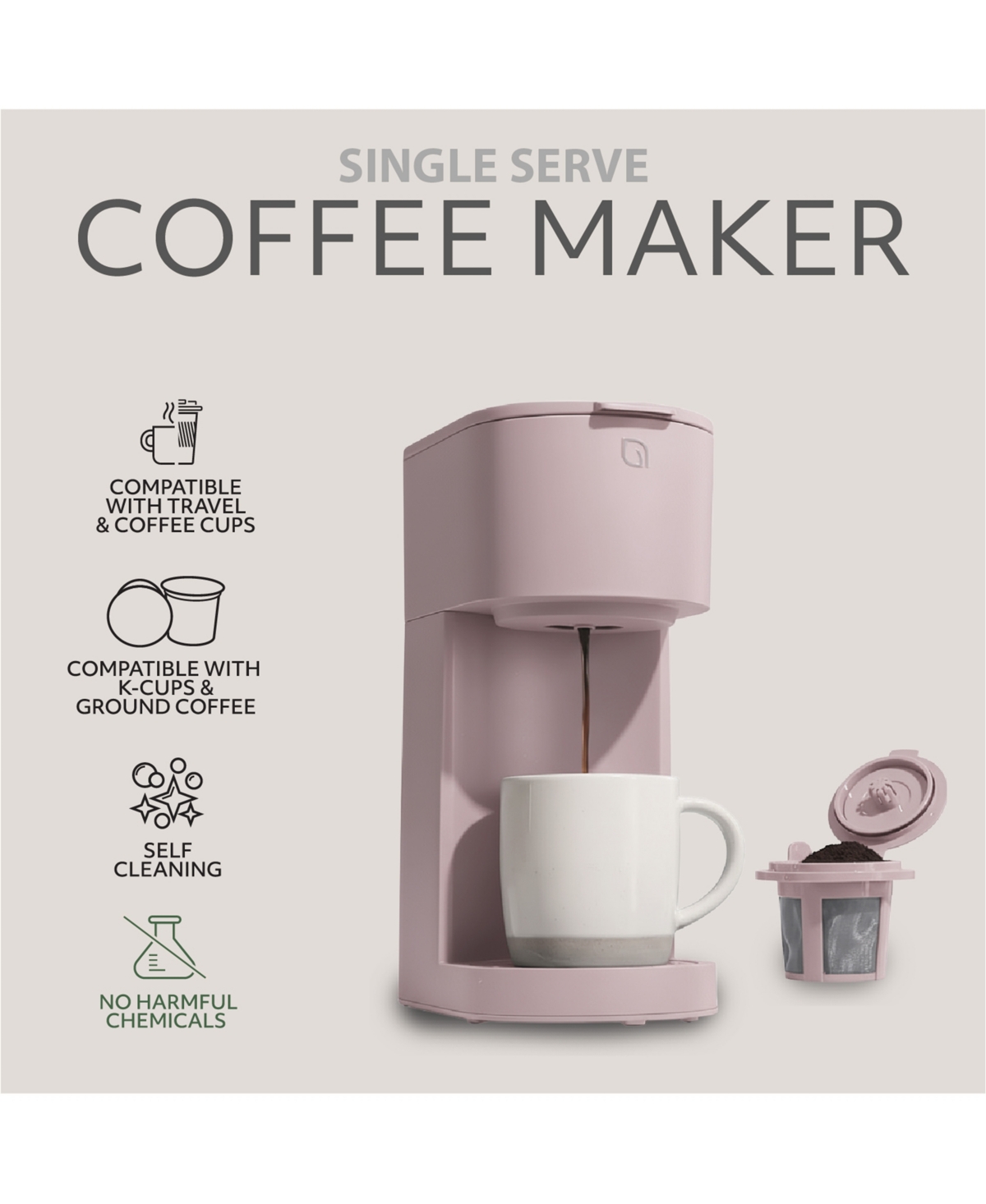 Willow Kitchen Compact Single Serve Coffee Maker - Compatible with K-Cup Pods Ground Coffee