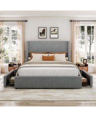 Queen Bed Frame with 4 Storage Drawers, Corduroy Wingback Headboard, Wood Slats, Noise-Free Platform, Grey