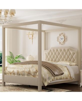 Queen Upholstered Canopy Bed, Tufted Headboard, Nailhead Trim, Sturdy Platform Frame, No Box Spring, Beige