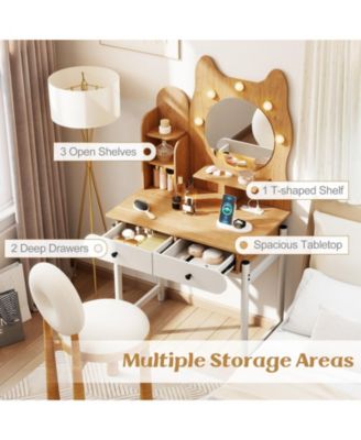 Small Kitty Vanity Desk with Lighted Mirror and Power Outlets, Makeup Table