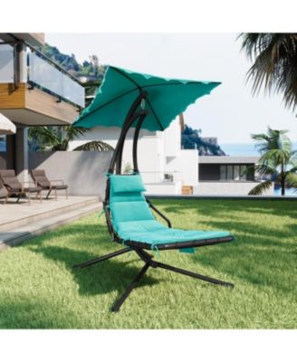 Chaise Lounger Swing Chair with Umbrella Canopy, Patio Hanging Lounge Chair with Stand, Curved Steel - Twin