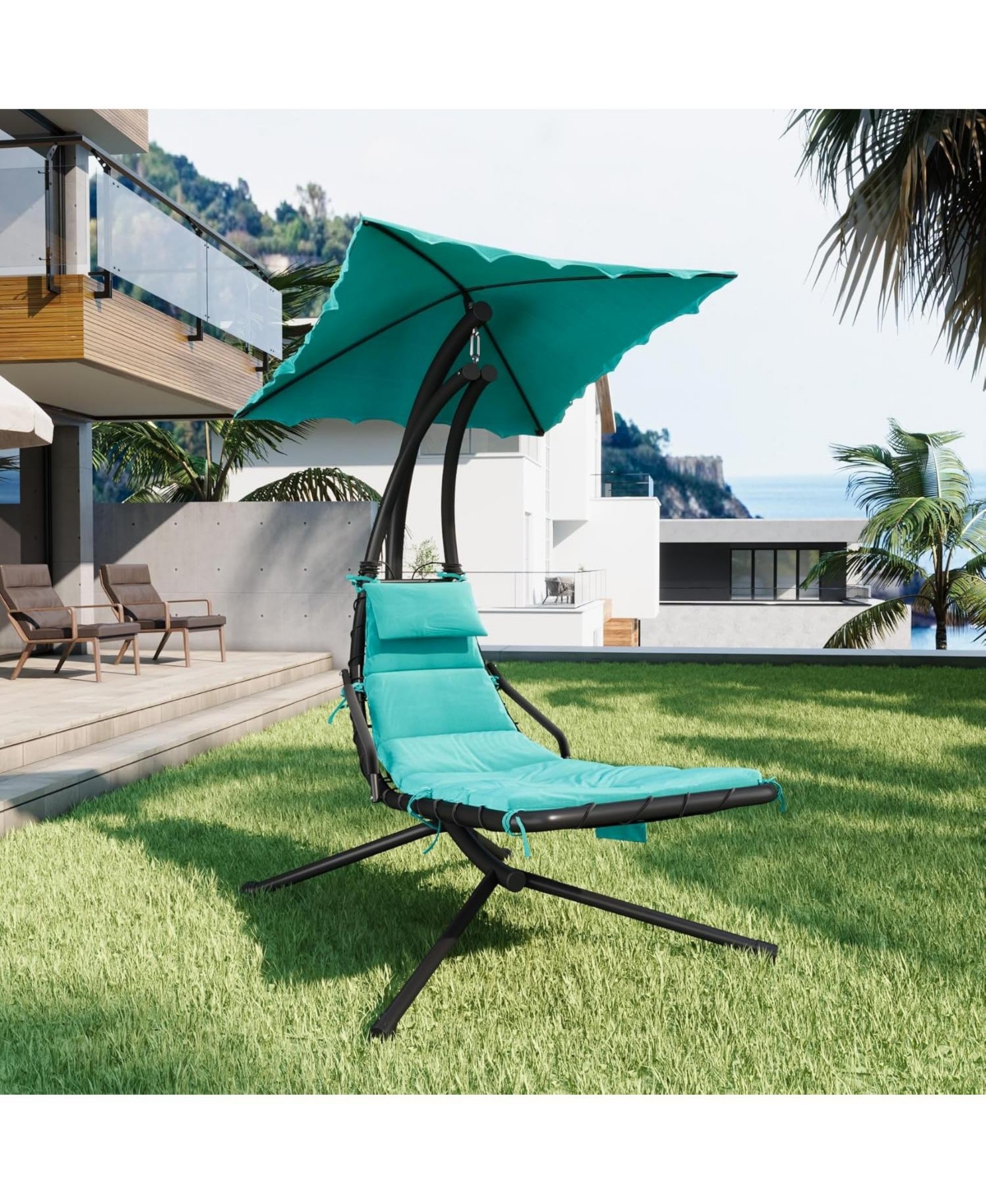 gaomon Chaise Lounger Swing Chair with Umbrella Canopy, Patio Hanging Lounge Chair with Stand, Curved Steel - Twin