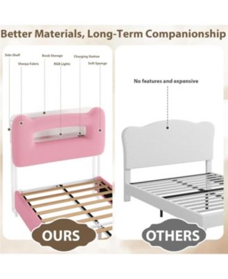 Upholstered Twin LED Platform Bed, 2-Tier Storage Headboard, Charging Ports, Drawer, Metal Support, Kids/Teens, No Box Spring