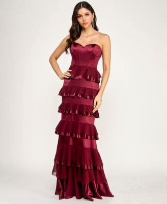 Juniors' Strapless Corset Ruffle Tier Slim Gown