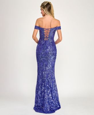 Juniors' Sequin Off-The-Shoulder Lace-Up Back Gown
