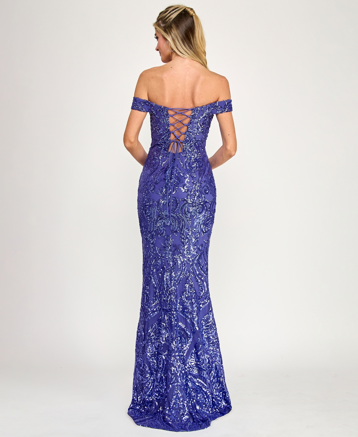 City Studios Juniors' Sequin Off-The-Shoulder Lace-Up Back Gown