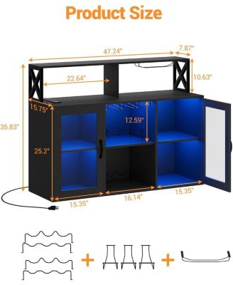 Wine Bar Cabinet with LED Lights & Power Outlets, Farmhouse Liquor Cabinet with Wine Rack & Glass Holder