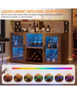 Wine Bar Cabinet with LED Lights & Power Outlets, Farmhouse Liquor Cabinet with Wine Rack & Glass Holder