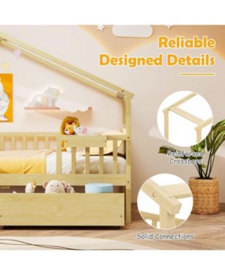 Twin Size House Bed with Roof Design and Two Built-In Drawers