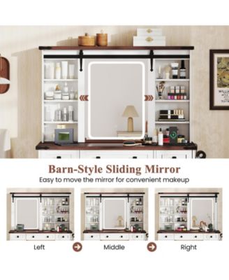 Farmhouse Vanity Desk with Barn-Style Sliding Mirror and 3 Lighting Modes