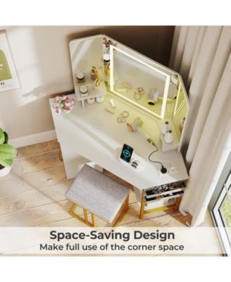 Corner Vanity Desk with Triple Mirror and Lights, Makeup Dressing Table