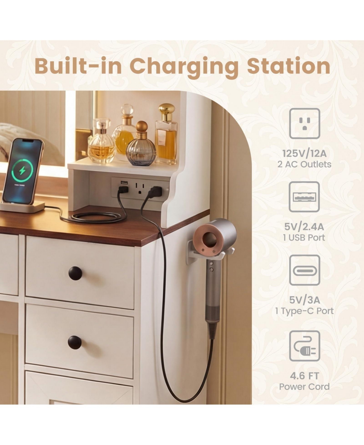 Volenca 41.5" Makeup Vanity Desk with Power Outlets and 3 Color Lighting Modes, Mirror